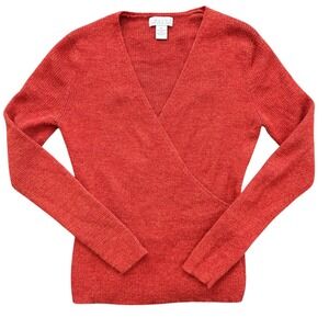 Tweeds Wrap Sweater Womens M Orange Excellent 100% Merino Wool Ribbed‎ V-Neck